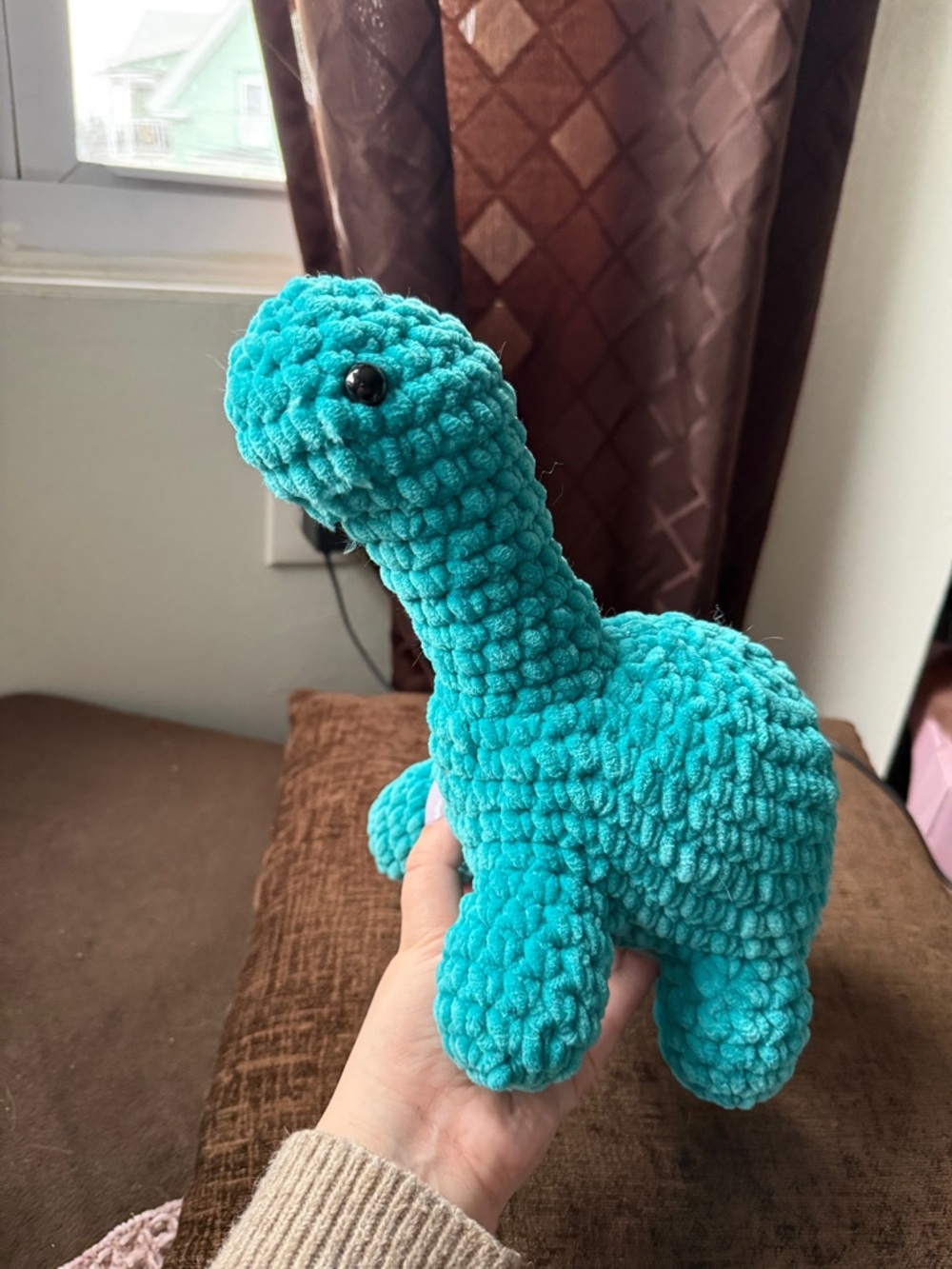Handmade Plush Dinosaur Pet Toy - Teal Blue Crochet